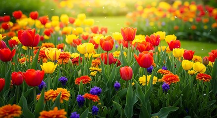 Fototapeta premium Vibrant Flower Garden with Red and Yellow Tulips in Spring Sunlight