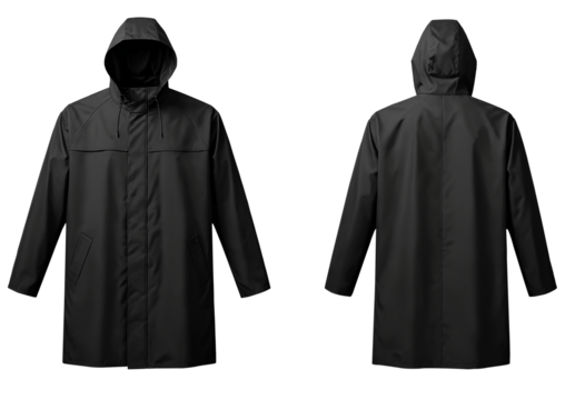 Front and back view of a black raincoat template on a transparent background.	
