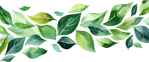 Green falling wave leaves border. Flying foliage ornament. Organic, vegan design element. Leaf eco banner. Cosmetic pattern. Fresh tea background. Beauty product frame. Vector illustration.