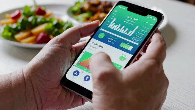 Close up slow motion of a person using a calorie tracking app on their smartphone, with a healthy meal in the background, demonstrating mindful eating and dietary control