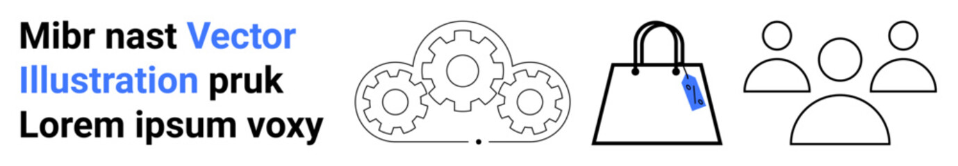 Combination of interconnected gears, a shopping bag with a tag, and three outlined individuals. Ideal for teamwork, retail, e-commerce, group collaboration, planning, networking flat landing page