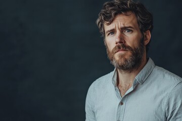 Fototapeta premium Thoughtful Man with Beard in Casual Shirt Against Dark Background