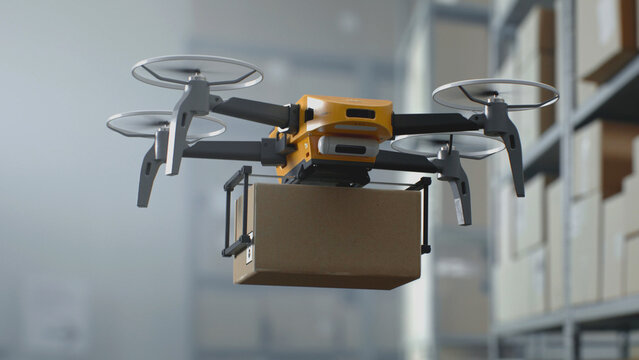 Modern Warehouse Facility: Unmanned UAV Drone Delivering Cardboard Box with Goods, Online Orders. AI Aerial AGV Transporting Parcel in Logistics Distribution Center. 3D Graphics. Future Technology.