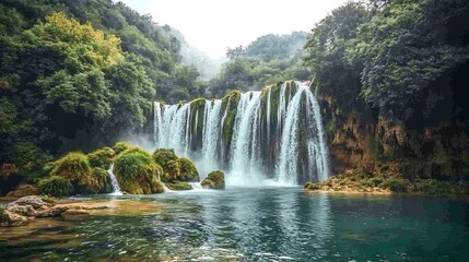 Fototapeta premium Lush Waterfall Cascading into Tranquil Pool, Green Foliage Background, Nature Serenity