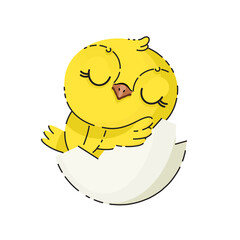 Cute cartoon chicken character. Funny yellow sleeping chick.