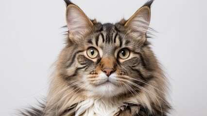 Portrait of Tabby maine coon cat on grey background
