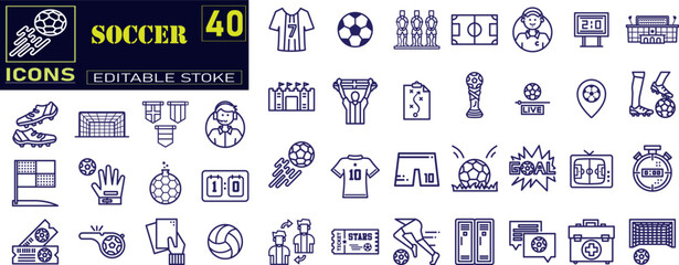 Football and soccer line icons collection. Containing jersey, soccer field, stadium, referee, goal, trophy, dribble, player and more. 