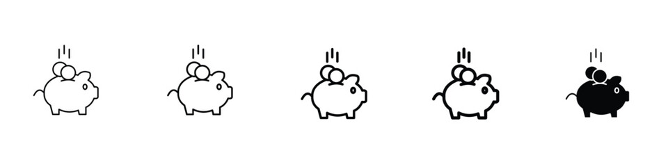 set of 5 pixel perfect Piggy Bank icon with 1 unexpanded, 1 silhouette, A piggy bank icon represents savings, finance and money management