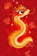 Obraz premium Cheerful golden dragon floating in a festive red and gold New Year scene 