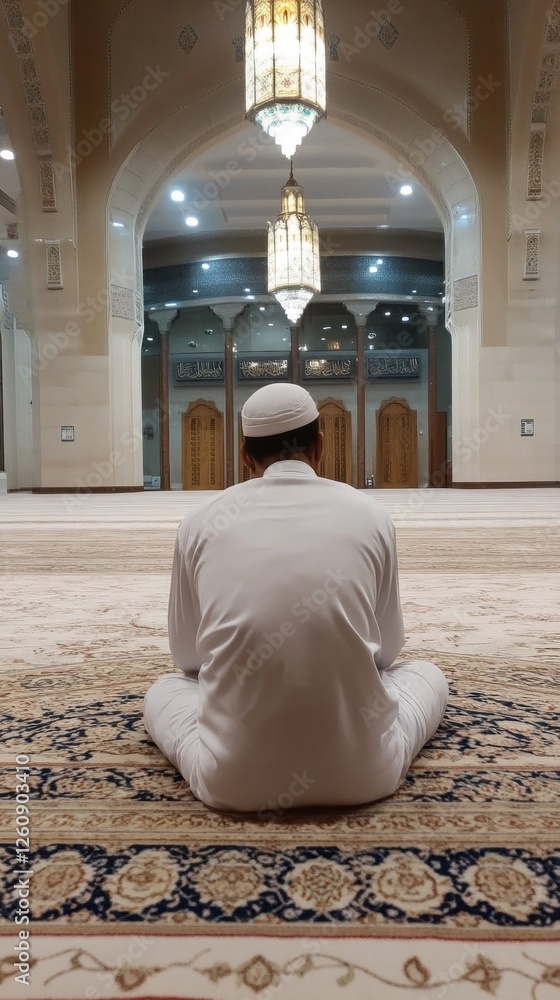 Poster in a tranquil mosque, a devoted muslim man sits in silent prayer, embodying peace and introspection.