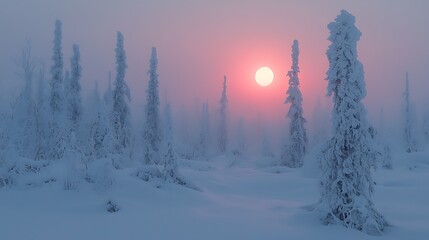 Obraz premium Pink sunset over snowy forest, Lapland, winter wonderland, travel