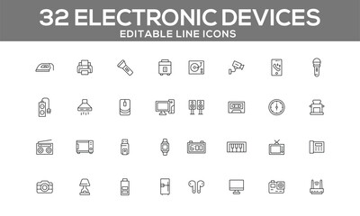 Electronic Devices Line Icons Set | Editable Tech and Gadget Icons for Web and App Design