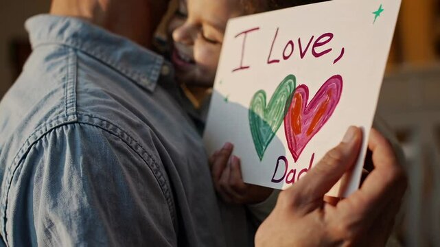 Heartwarming slow motion sequence capturing daughter warmly embracing father while presenting handmade card featuring loving message and colorful heart illustrations