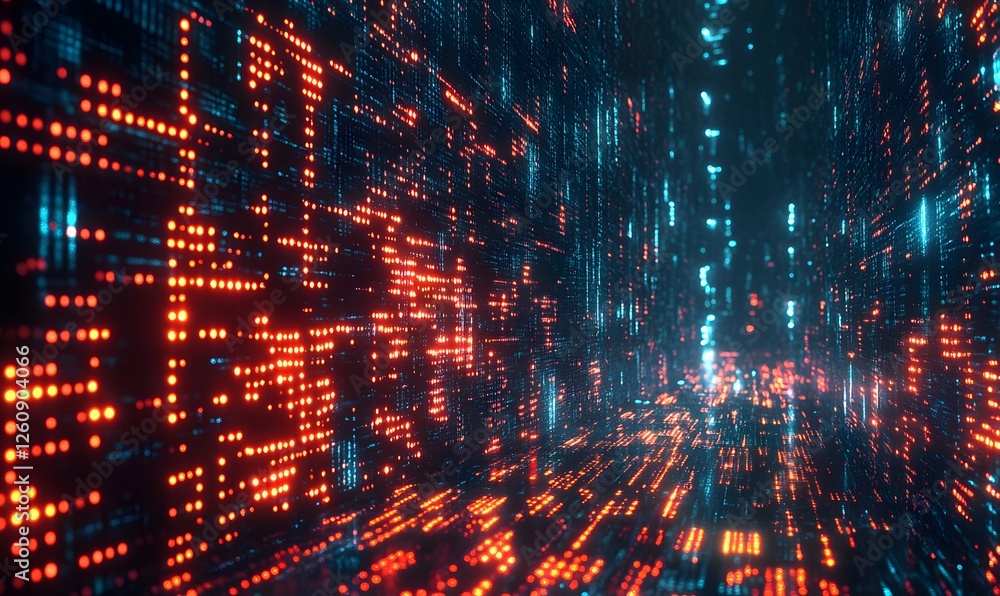 Poster abstract digital grid with glowing red and blue lights forming a complex network pattern