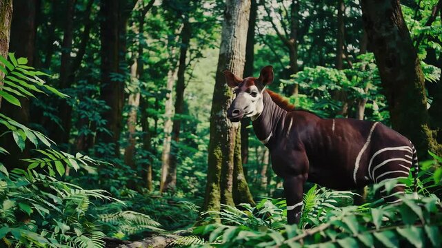 Curious okapi exploring vibrant forest in lush greenery with gentle movements captured in high definition
