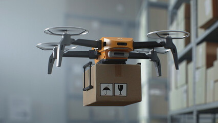 Modern Warehouse Facility: Unmanned UAV Drone Delivering Cardboard Box with Goods, Online Orders....