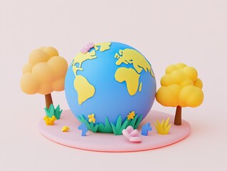 A colorful 3D globe surrounded by playful trees and flowers, representing a cheerful and vibrant depiction of Earth.