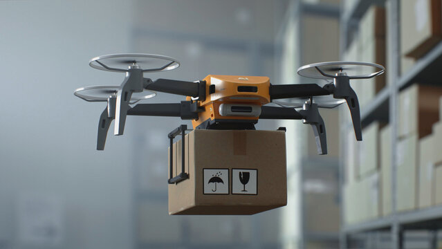 Modern Warehouse Facility: Unmanned UAV Drone Delivering Cardboard Box with Goods, Online Orders. AI Aerial AGV Transporting Parcel in Logistics Distribution Center. 3D Graphics. Future Technology. - Powered by Adobe