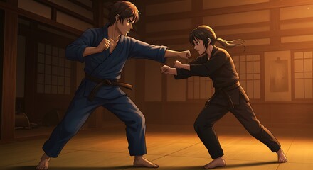 Two Anime Characters Practicing Karate in Traditional Dojo Setting