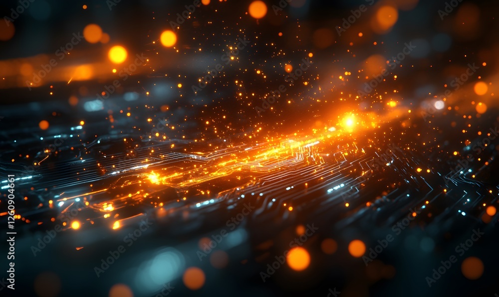Poster abstract digital network with glowing orange particles and circuit board lines