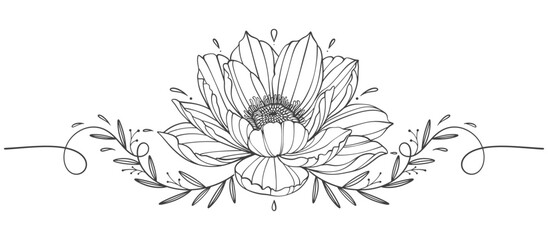 hand drawn flower, floral botanical black line art. Flowers and leaves line art hand drawn wreath. Vector illustration for wedding invitation save the date card, flower shop