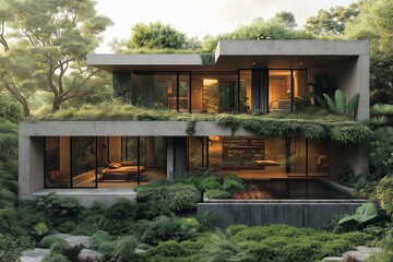 Image showcases innovative garden house design process surrounded by lush greenery. Concept emphasizes home planning and integration of nature into modern architecture