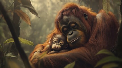 Obraz premium close up of orangutan mother hugging her baby in lush forest, showcasing their bond and tenderness. warm colors and soft light create serene atmosphere