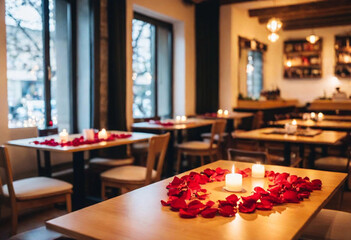 A cozy cafe decorated for Valentine's Day, with tables adorned with rose petals, flickering candles, and heart-shaped centerpieces, creating a romantic dining experience for couples.