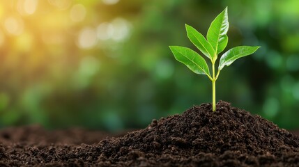 Young plant sprouting from rich soil in a natural setting.