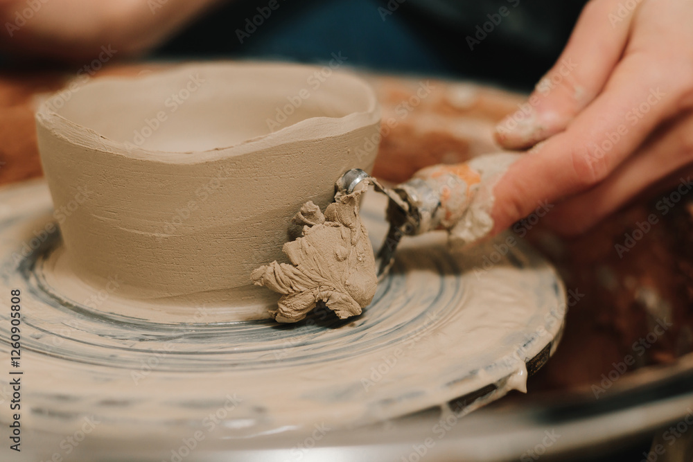 Poster Creating ceramic earthenware on the manufacturing. Artisan forms clay pot with potters tool on the spinning wheel.