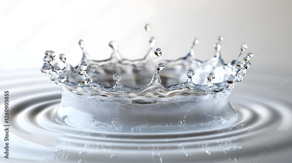Poster Splashing water droplets creating dynamic circular ripples and waves on a transparent fluid surface with a refreshing pure and clean texture background