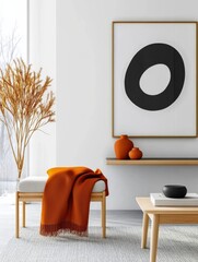 Modern Living Room Decor Featuring Cozy Chair, Stylish Blanket, Elegant Art Piece, Warm Color Palette, Bright Natural Light
