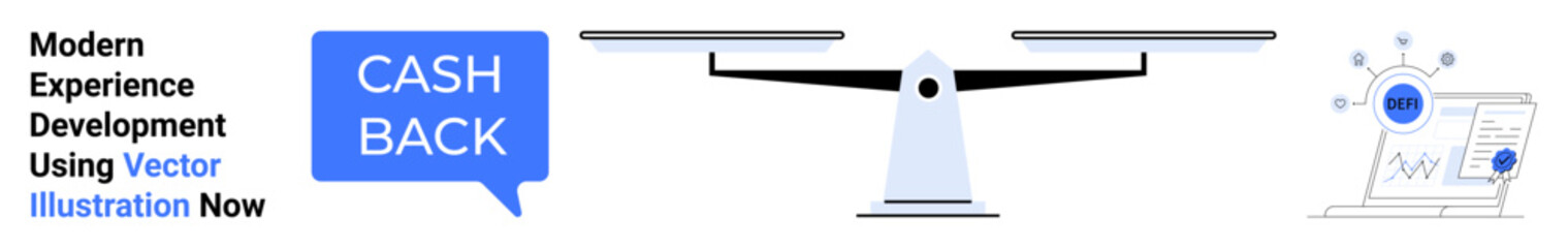 Cashback text in speech bubble, modern scale symbolizing balance, and digital analytics screen. Ideal for finance, e-commerce, rewards, balance, decision-making, analytics flat landing page banner