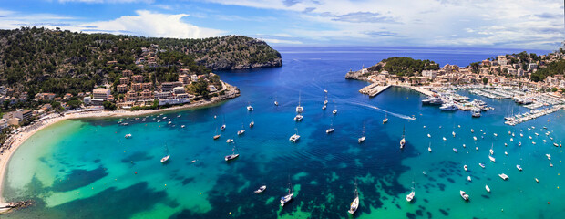 Mallorca island (Majorca) aerial panoramic view of Port de Soller marine , popular tourist...