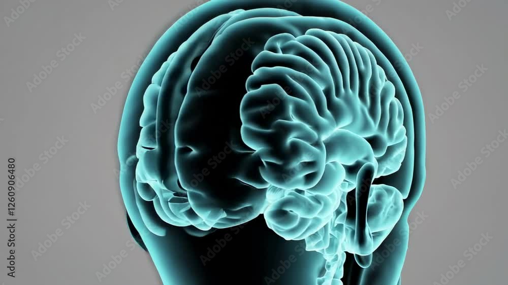 Poster detailed 3d medical visualization rotating human brain, revealing intricate neurological structures 
