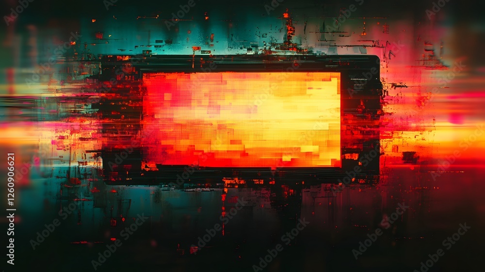 Aufkleber Striking abstract digital artwork featuring a chaotic glitch like explosion of vibrant dynamic lights and fluid surreal elements  The composition evokes a sense of futuristic