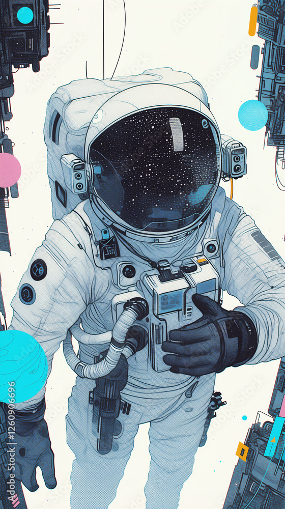 Poster astronaut in space: a stylized illustration of an astronaut floating in space, surrounded by colorfu