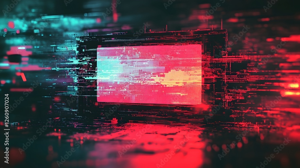 Poster Striking abstract digital art composition featuring a blend of glitchy distorted elements vibrant colors and futuristic technological aesthetics  The image creates a dynamic surreal