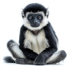 Obraz premium Black and white colobus monkey sitting, white background, wildlife, nature