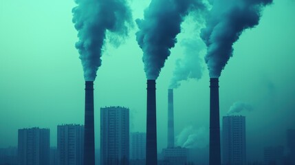 Obraz premium Industrial smokestacks releasing smoke in a polluted environment.