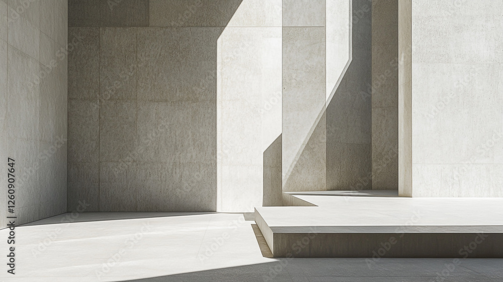 Poster modern architectural design featuring textured concrete walls and dynamic shadows in sunlight