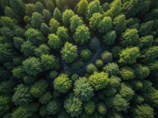Aerial view of lush green forest with winding path