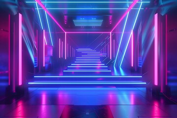 Futuristic dark corridor with neon lights, 3d rendering background