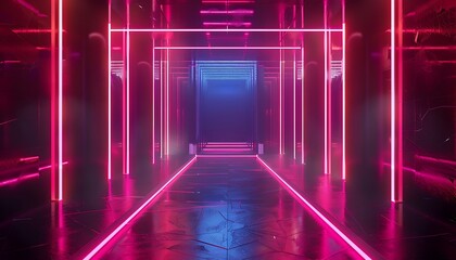 Futuristic dark corridor with neon lights, 3d rendering background