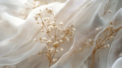 Delicate dried flowers on white sheer fabric