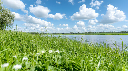 Obraz premium Summer River Landscape Sunny day, lush grass, river view, blue sky, white clouds