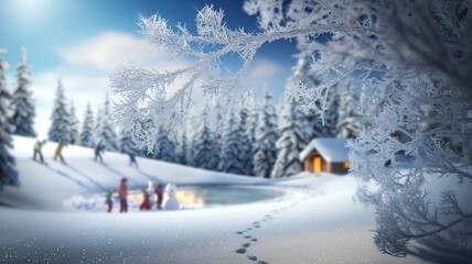 Illustration of Snow-Covered with Skaters and Skiers in a Serene Winter Countryside, Generative ai