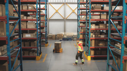 Logistics Center: AGV Robots Transporting Cardboard Boxes, Parcels in Warehouse, Workers Managing Inventory. Automated Guided Vehicles and Electric Forklift Truck. 3D Graphics. Future Technology.
