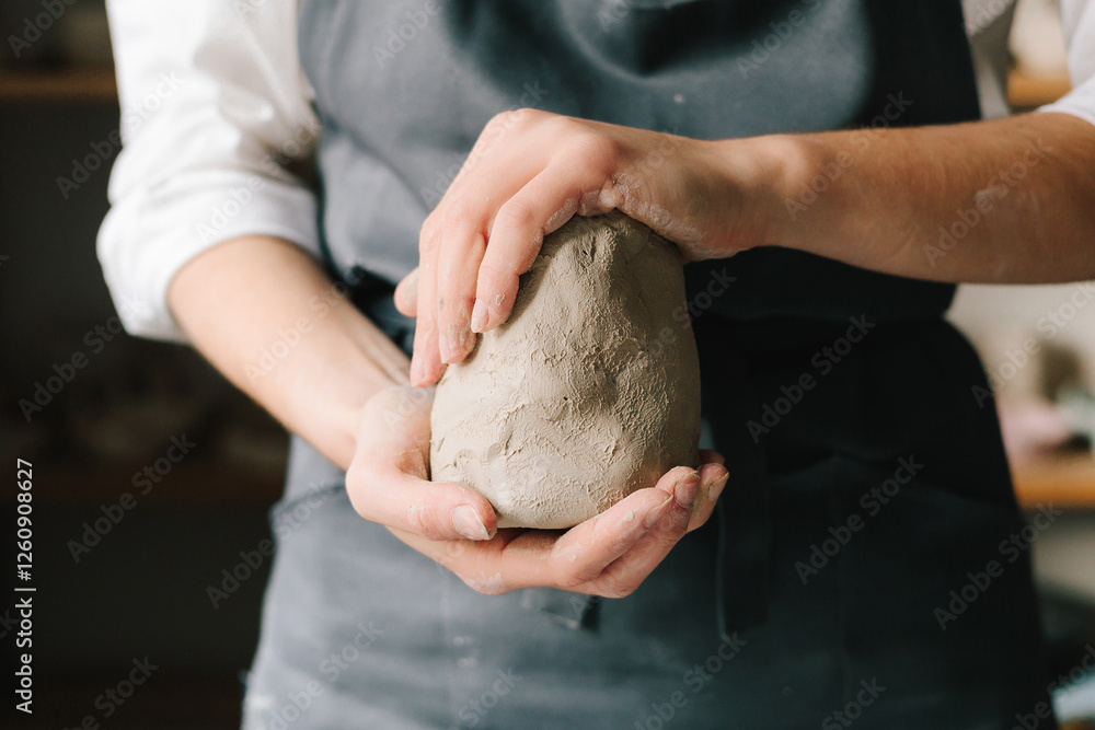 Leinwandbilder Potter holds a piece of wet clay in their hands, molds it into form. Process of creating ceramic products.