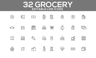 Grocery Line Icons Set | Editable Shopping and Food Icons for Web and App Design